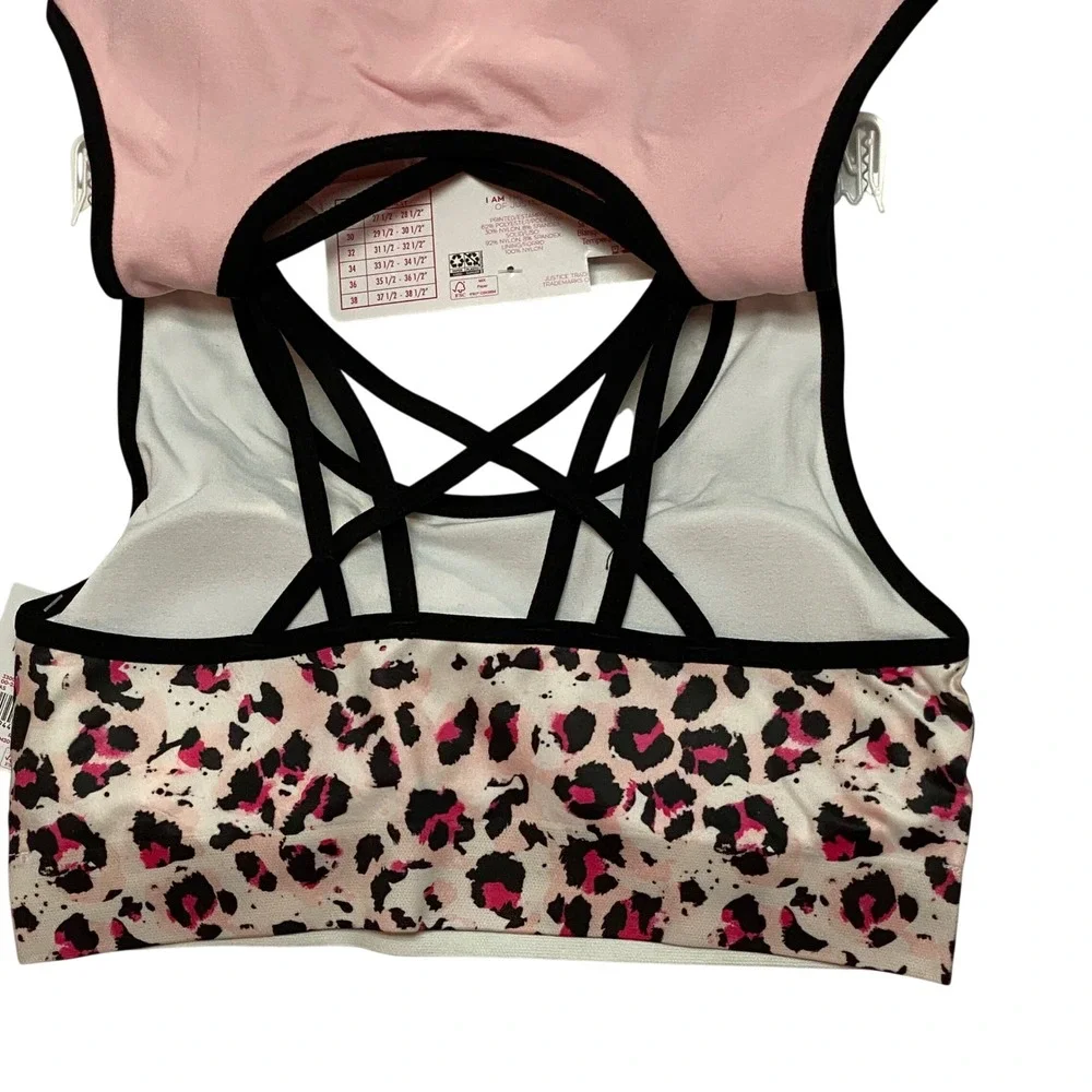 Justice Girls 2 Pack Sports Bras Size 32 Leopard Pink Strappy Back‎ Seamless NWT